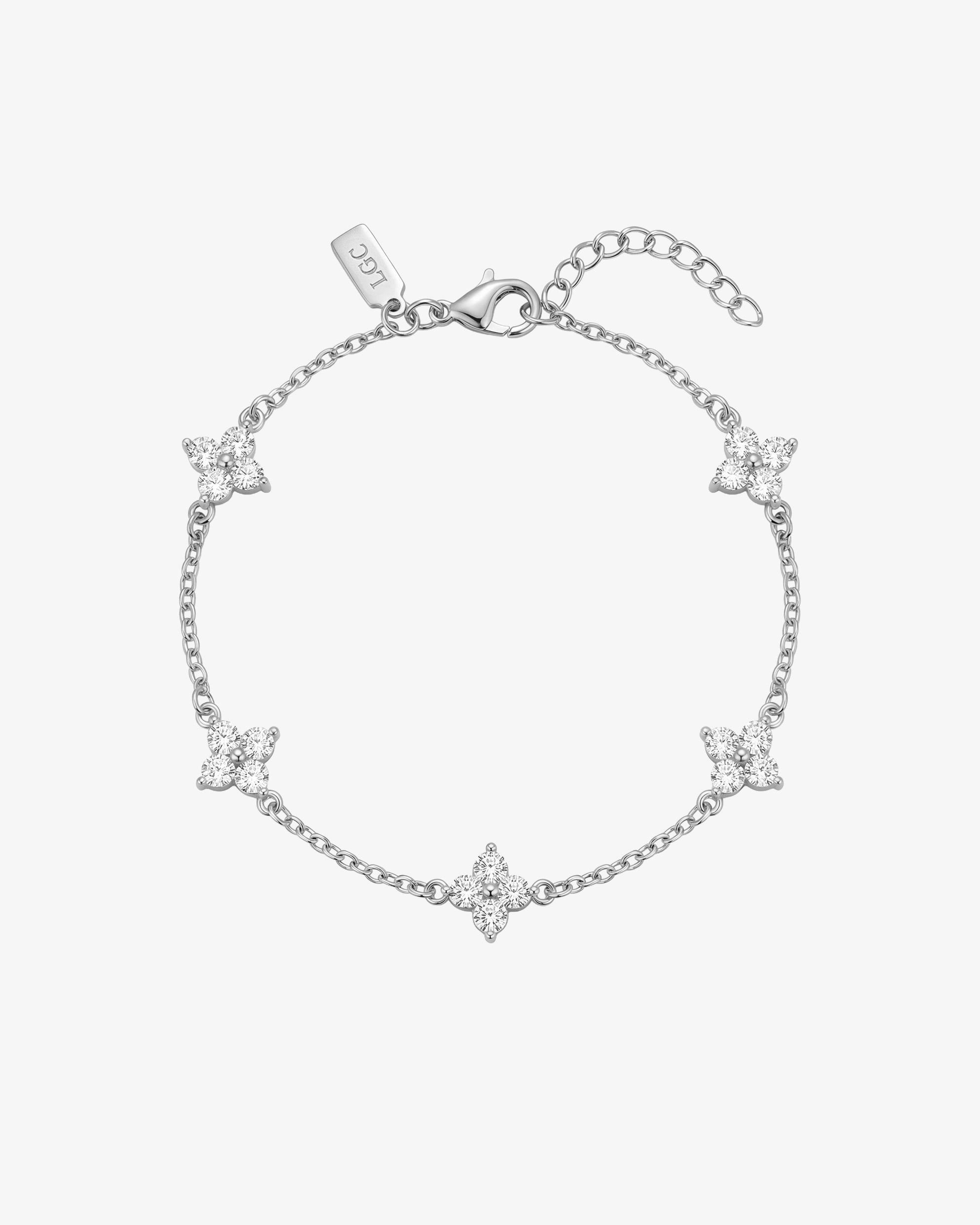 Silver Clover bracelet with crystal flower clusters along a fine chain and a lobster clasp