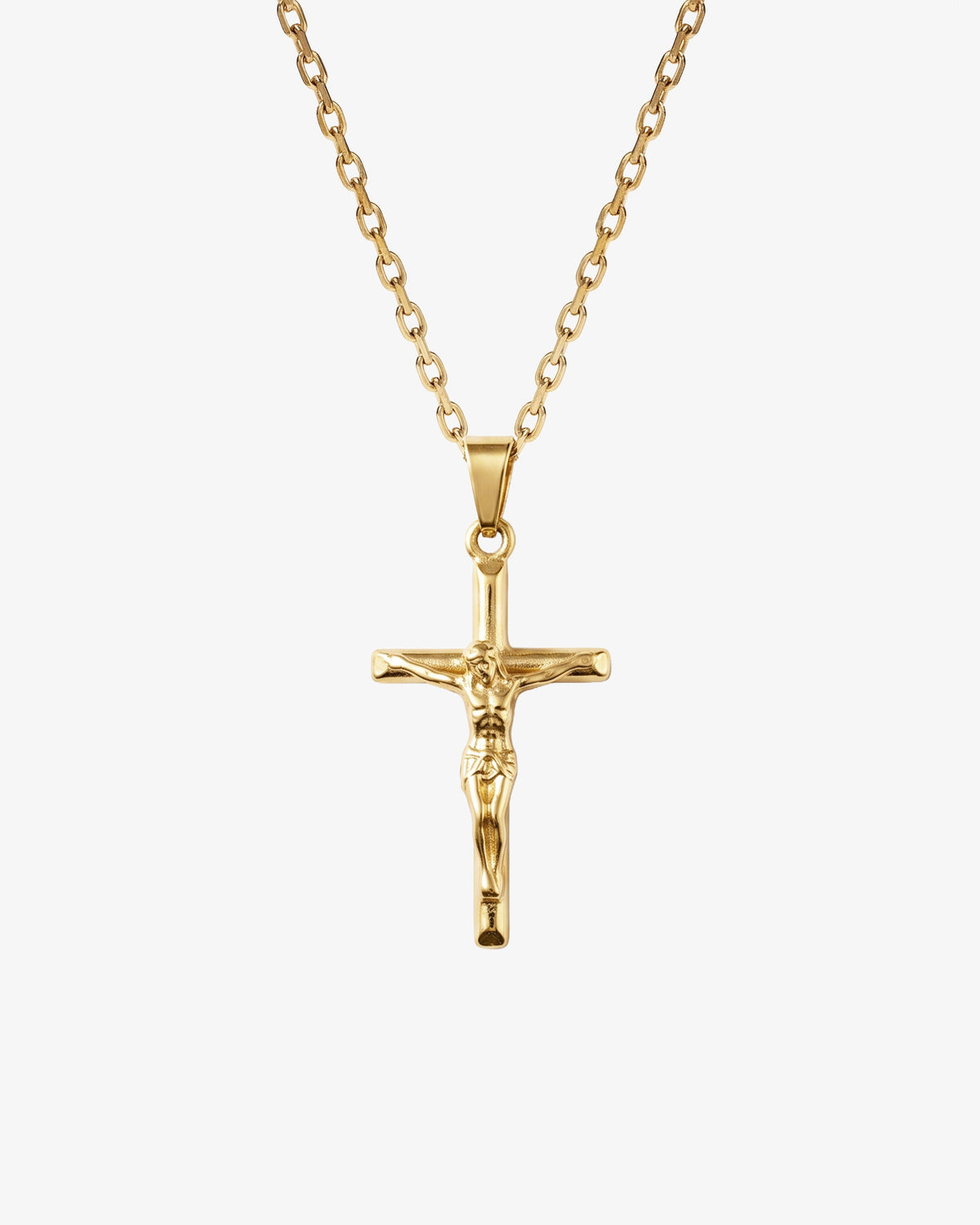 Collar de oro con crucifijo y cadena sobre fondo blanco