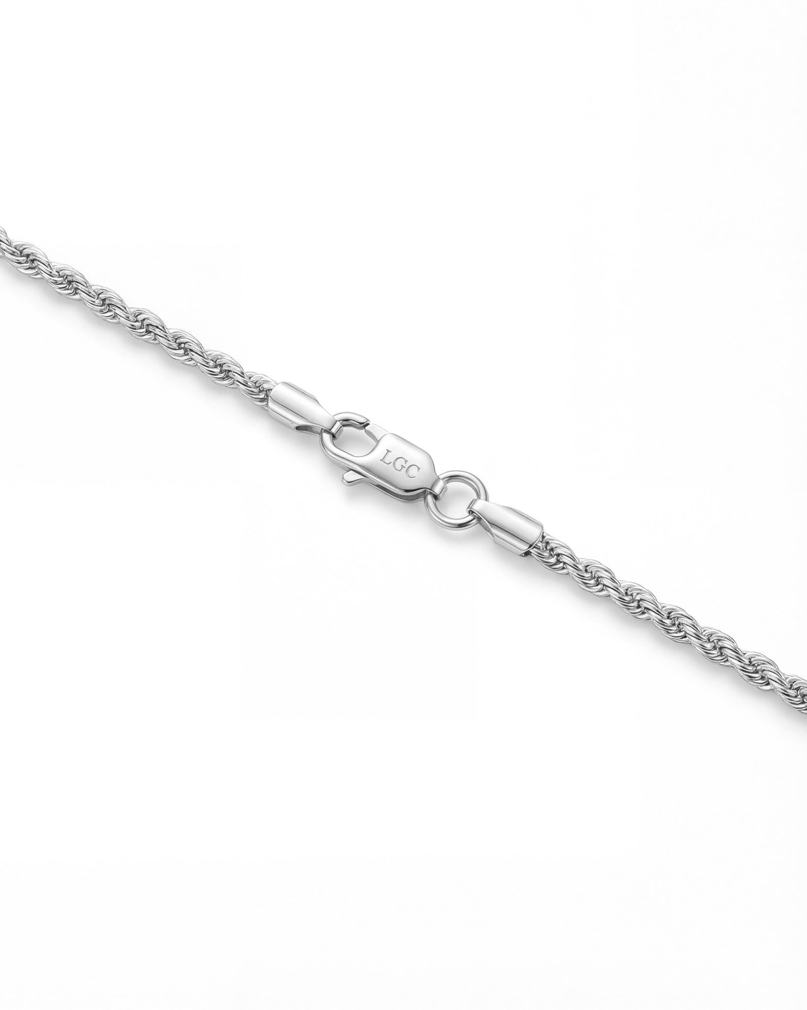 Lazio silver 3 mm rope chain with lobster clasp on white studio background