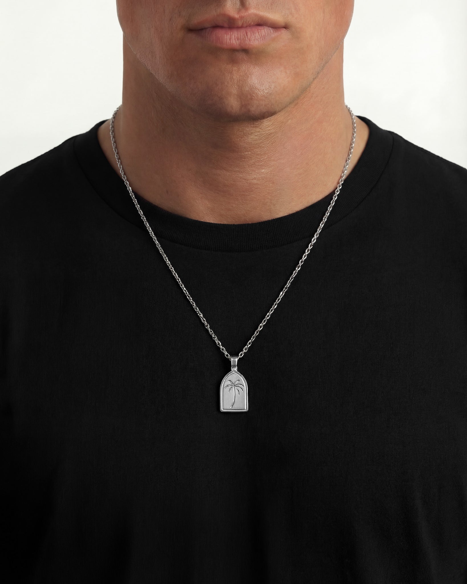 Palm silver necklace with a palm tree pendant on a silver chain worn by a model
