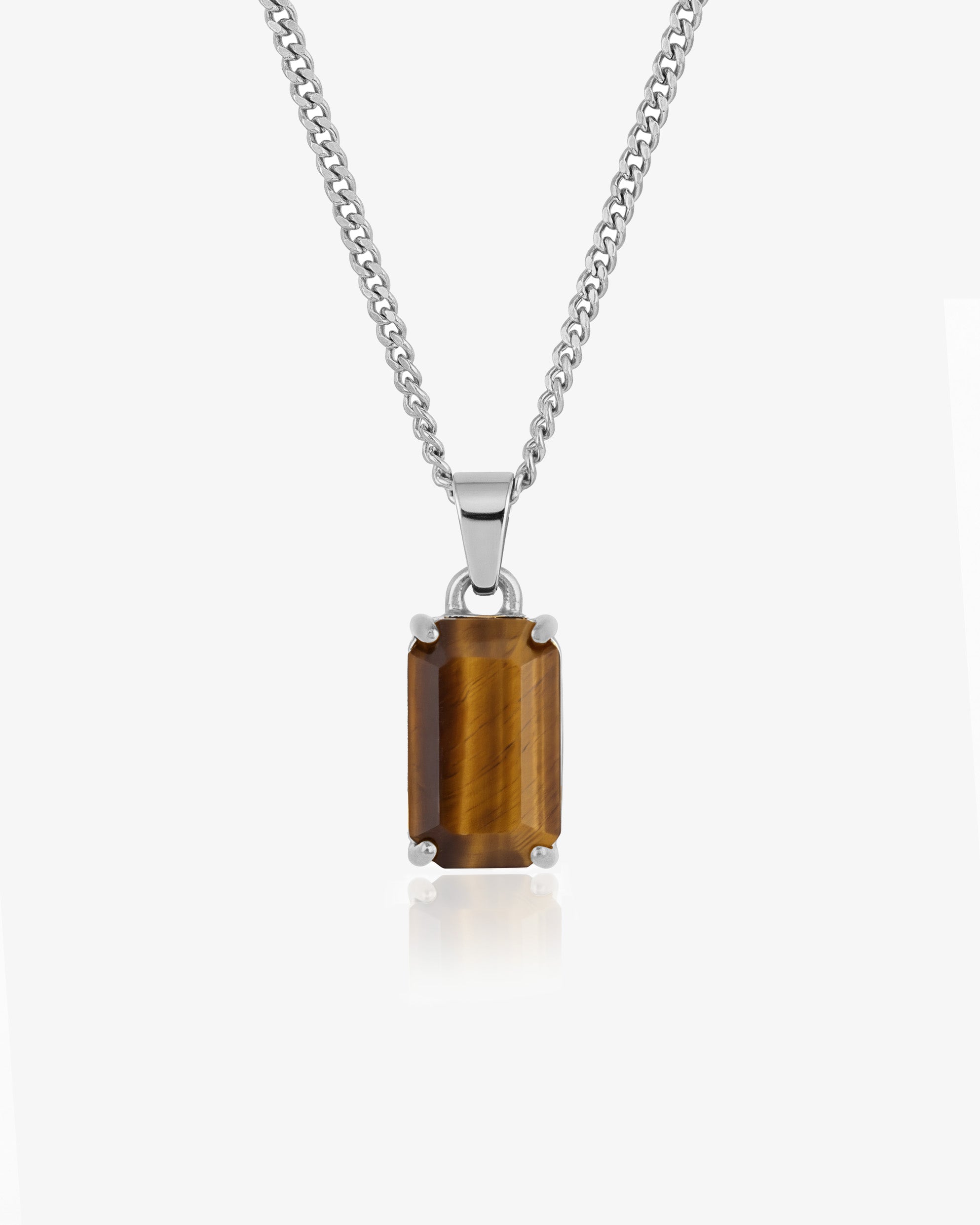 VOLT SILVER NECKLACE featuring a square tiger eye pendant on a bold silver chain