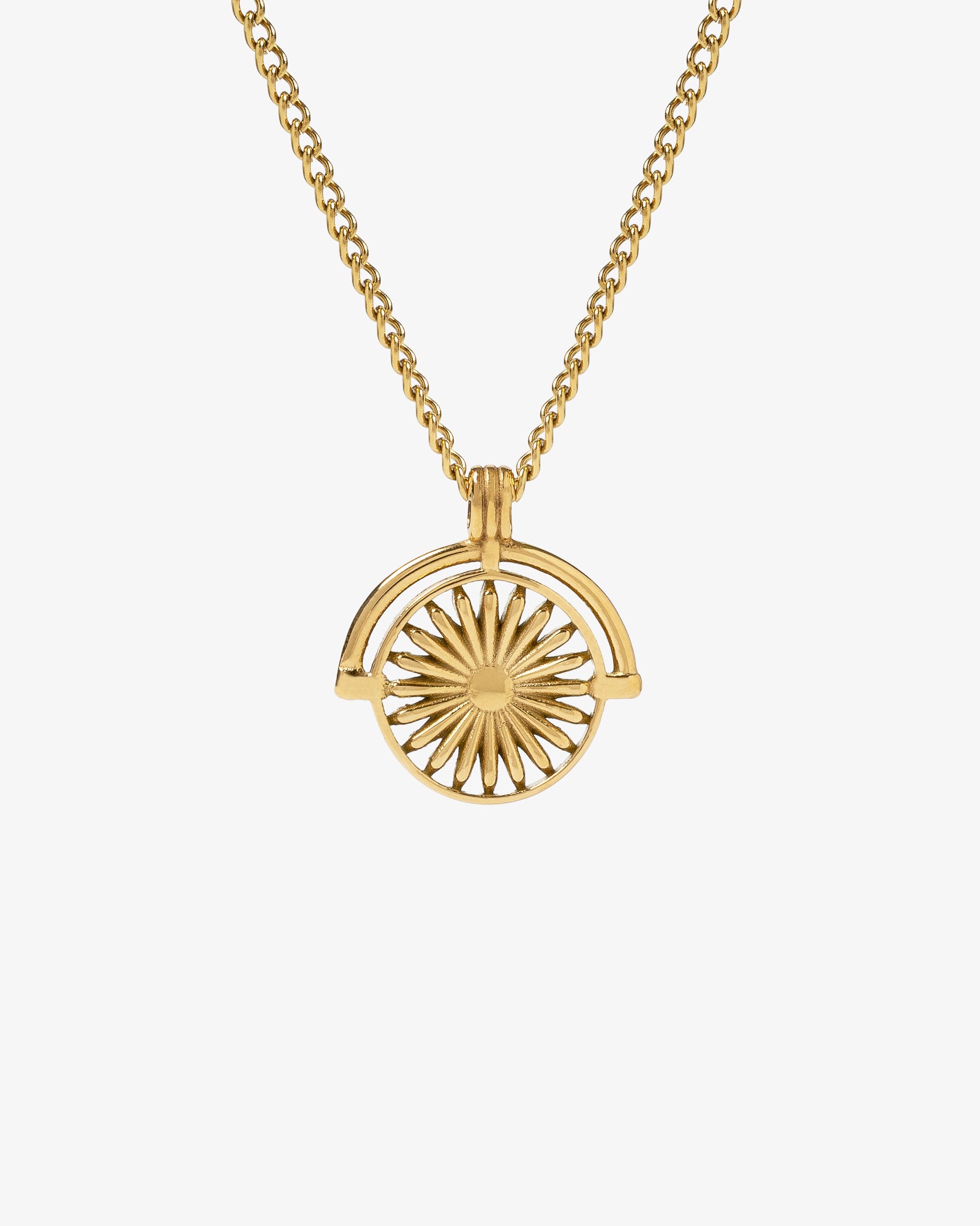 Gold Daisy necklace with sunburst pendant on a gold chain worn by a man.