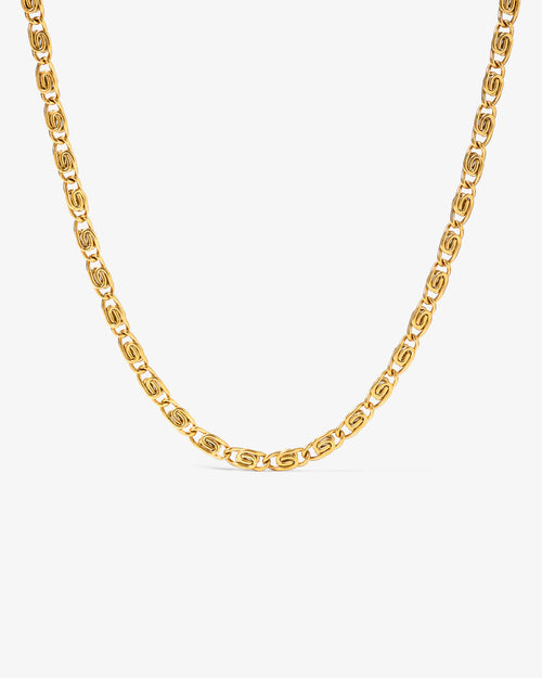 Gold chain necklace close-up on a white background showing bold interlocking links