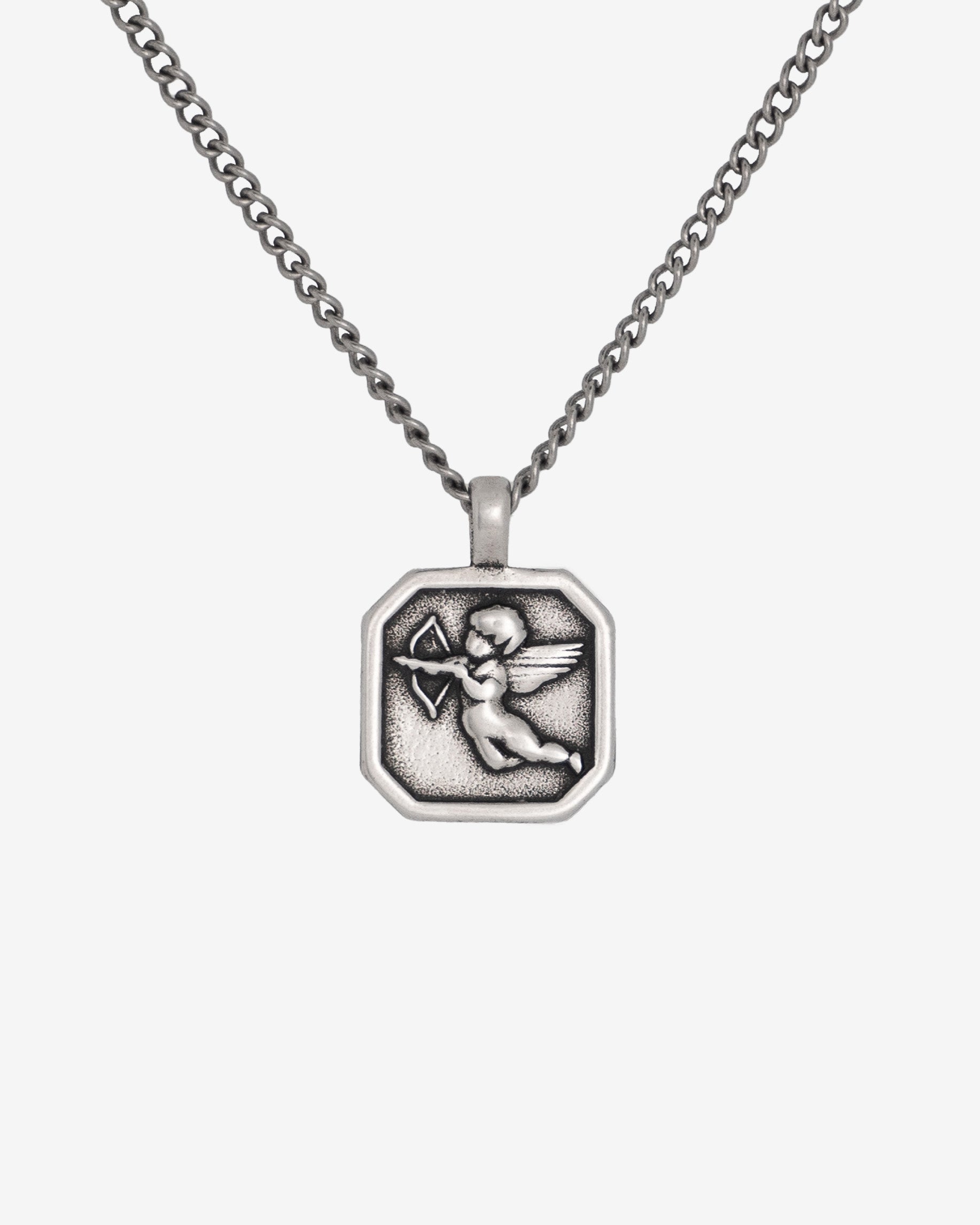 Savior Silver Necklace featuring a hexagonal pendant with a winged Cupid engraving.