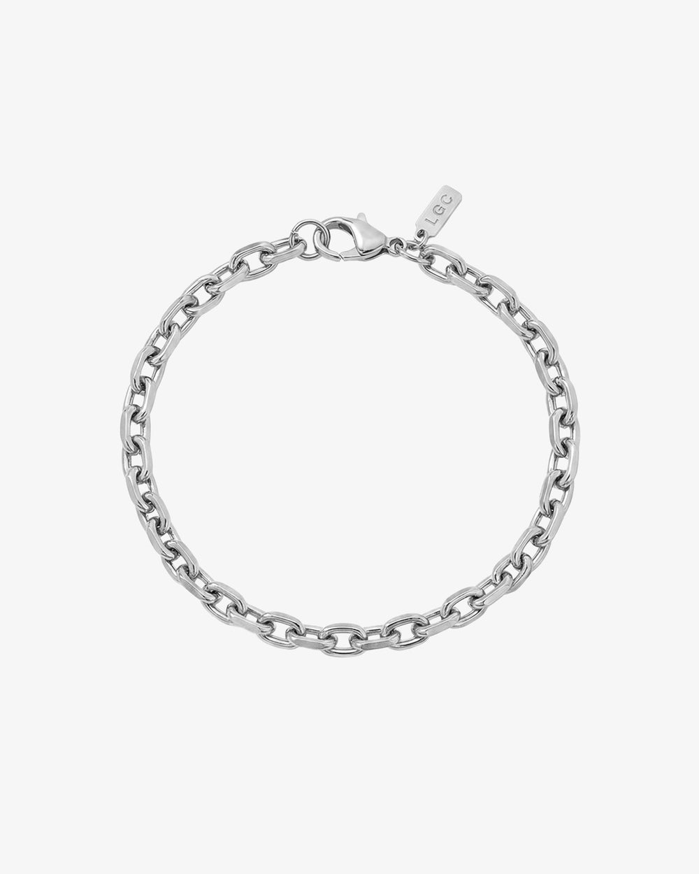 Pulsera plateada de eslabones de ancla con cierre de mosquetón y pequeña chapa de marca