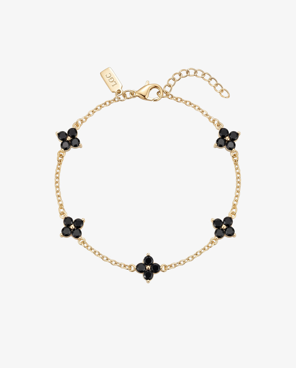Pulsera dorada Clover con charms de flor de gema negra en delicada cadena