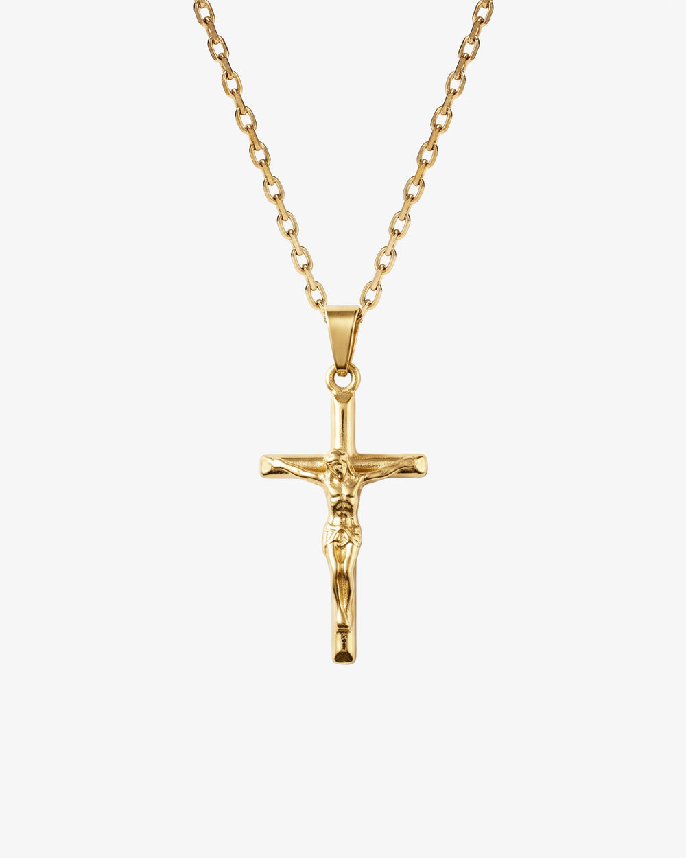 Collar de oro con crucifijo y cadena sobre fondo blanco
