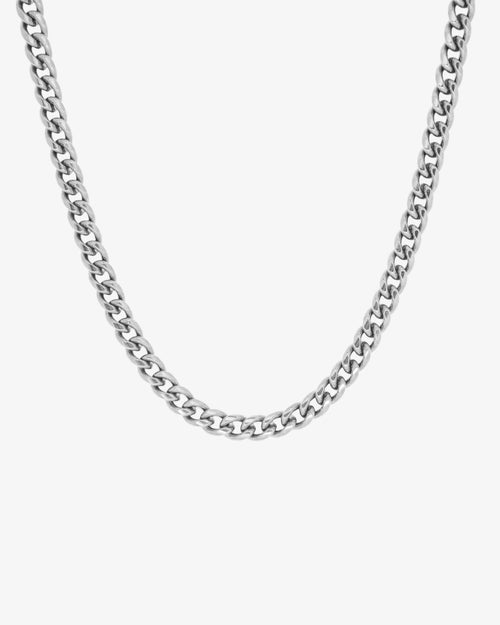 Close-up of a 5mm silver Cuban link chain necklace against a white background.