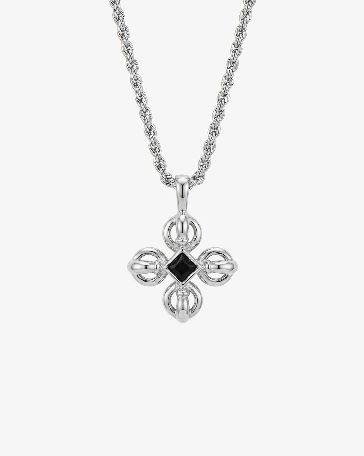 Silver chain necklace with a cross pendant featuring a central black gemstone