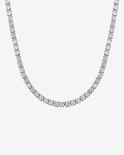 Close up of a 50 cm 3 mm zircon tennis chain with evenly spaced stones against a white background.