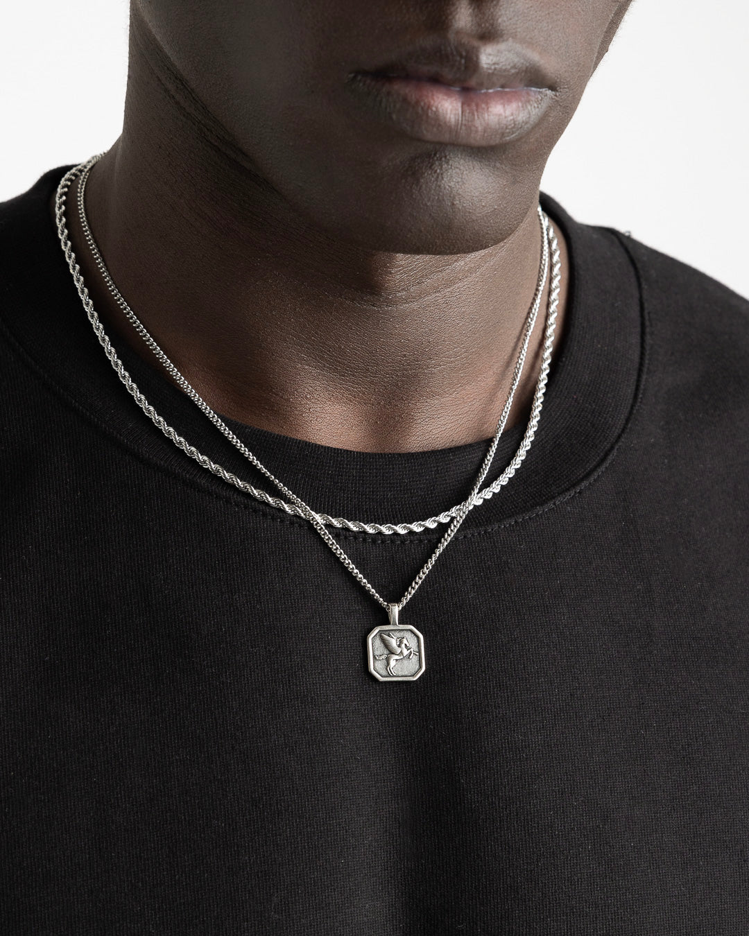 Model wearing two layered Pegasus silver necklaces with the pendant visible on the chest