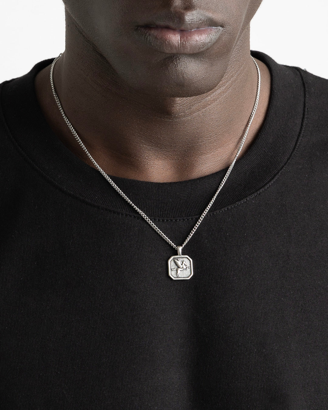 Silver Pegasus necklace worn over a black shirt with a square horse pendant.