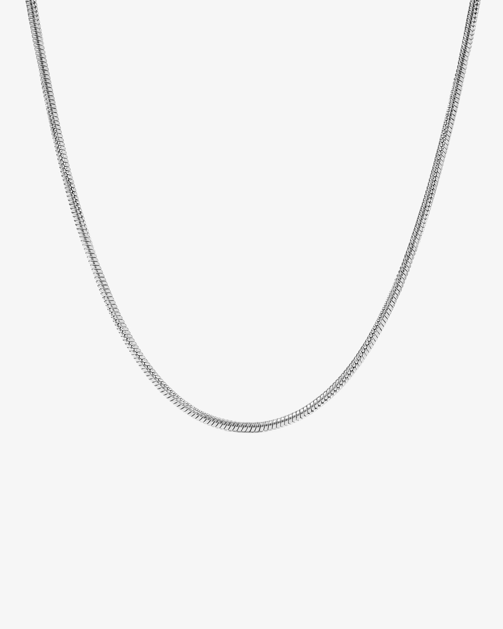 2 mm wide silver chain necklace shown against a white background