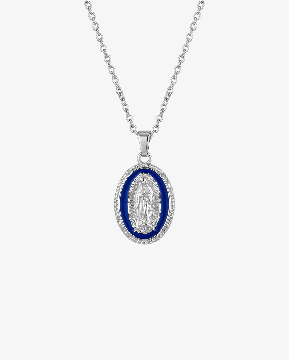 Collar plateado de la Virgen María con medallón ovalado de esmalte azul